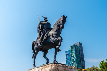 Skanderbeg Horse Monument at Skanderbeg Square in Tirana. Albaniaの写真素材