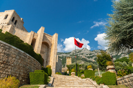 Stairs inside Kruje Castle and its fortress with the walls and mountains in the background. Albaniaの写真素材