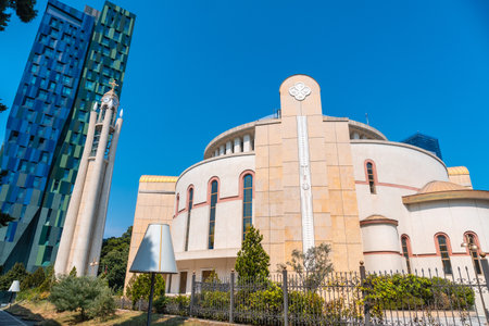 Colorful towers next to the Orthodox Cathedral of the Resurrection of Christ near Skanderbeg Square in Tirana. Albaniaの写真素材