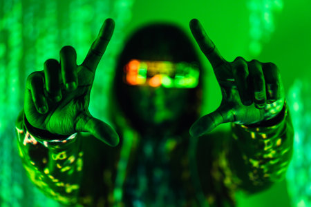 Photo with green neon lights of the projection on a man wearing futuristic glasses gesturing a frameの写真素材