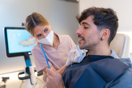 Dentist wearing surgical mask using a mirror to show the results to a patient
