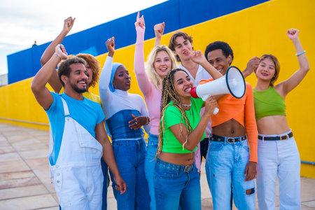Multi-ethnic young people yelling using a loudspeaker in a protestの写真素材