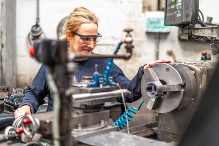 Female factory worker operator working in the control sector on a metal milling machine, industrial factoryの写真素材