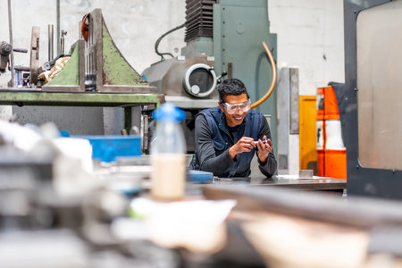 Latino worker in the metal industrial factory trade in the numerical control sector, making...