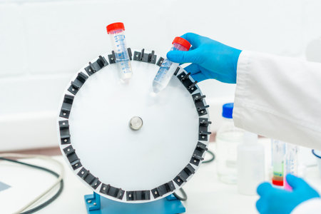 Top view of a scientist placing samples in centrifuge machineの写真素材