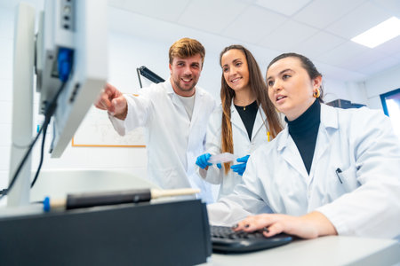 Happy doctors using computer and pointing to the screen in a research laboratoryの写真素材