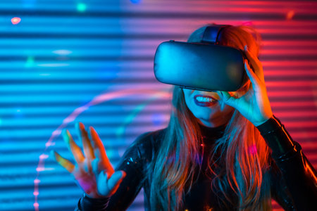 Woman touching a screen using virtual reality goggles in an urban night space with neon lights