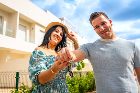 Happy couple showing the keys of a new house standing outside the new residenceの写真素材