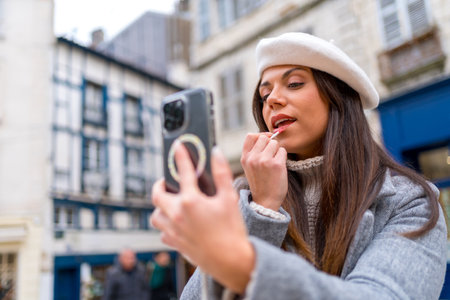 Chic woman with beret making up in the street using the mobile as a mirrorの写真素材