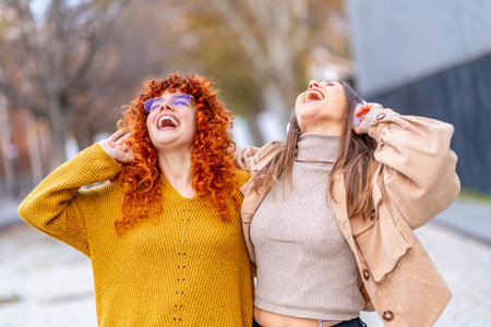 Frontal portrait of two excited woman singing and listening to music with headphones outdoorsの写真素材