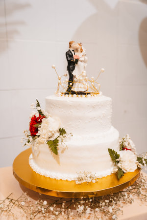 Wedding cake on a very white background at a beautiful wedding