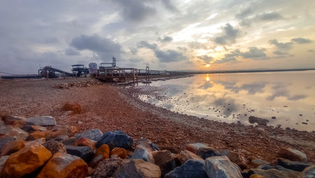 Sunset at the sea salt industry lagoon in Torrevieja, Spainの写真素材