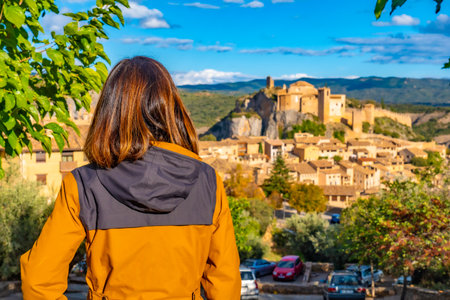 Tourist visiting the Alquezar Pyrenees mountain, medieval town of Huesca, Spainの写真素材