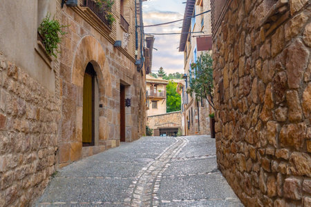Beautiful streets of the Pyrenean town of Alquezar, medieval town of Huesca, Spainの写真素材