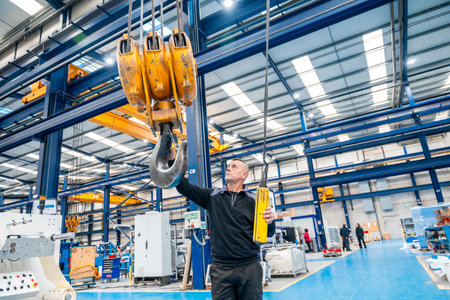 Low angle wide view photo of a male worker using an industrial crane in a logistics factoryの写真素材