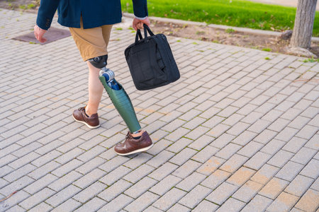 Rear view of an unrecognizable businessman with prosthesis walking along an urban park in summerの写真素材