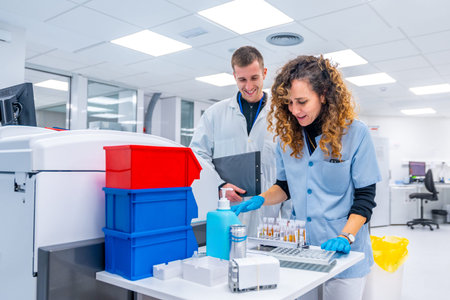 Medical staff working together with samples in the laboratory of the pathology area of a hospital