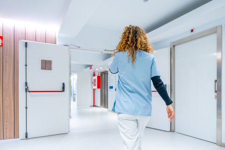 Rear view of a nurse in a rush along the emergency area of a hospitalの写真素材