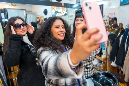Frontal view of three beauty female friends taking fun selfie while trying on clothes during salesの写真素材