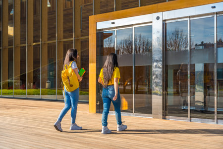 Rear view of two multi-ethnic students going to class walking on the campus