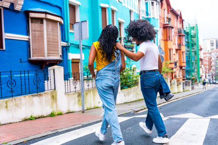 Rear view of two african american young friends walking along a colorful streetの写真素材