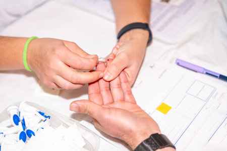 Close-up of a nurse checking blood sugar level by pricking the finger of a blood donorの写真素材