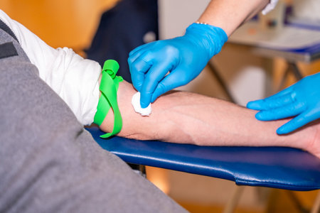 Nurse cleaning the area she is going to prick on the arm of a blood donor using a cotton swabの写真素材