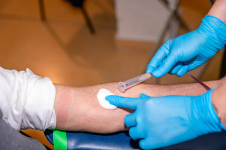 Nurse extracting needle from arm and cleaning the area in a man donating bloodの写真素材