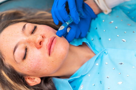 Close-up top view of a caucasian adult woman lying on stretcher with eyes closed during a beauty...