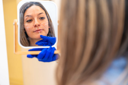 Reflection on a mirror of a woman looking at herself before starting a plastic surgery