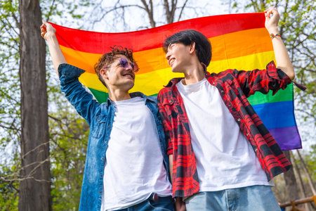 Low angle view photo of a gay couple looking at each other smiling and raising lgbt flag in a parkの写真素材