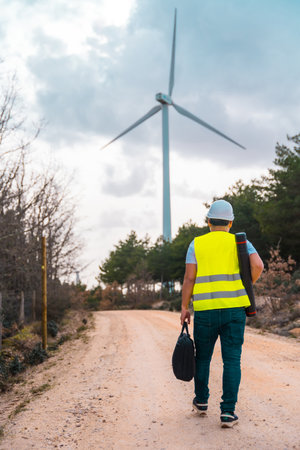 Vertical photo of the rear view of a male caucasian adult engineer walking along a path of green energy park with wind turbinesの写真素材