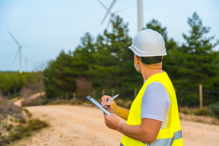 Rear view of a male mature engineer writing notes inspecting wind turbines in a green energy parkの写真素材
