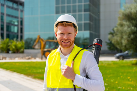 Portrait of a male adult caucasian architect with reflective waistcoat, helmet and draw tube...