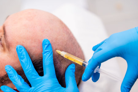 Close-up of the hands of a medical personnel applying a treatment against baldness using plasma injection as a treatmentの写真素材