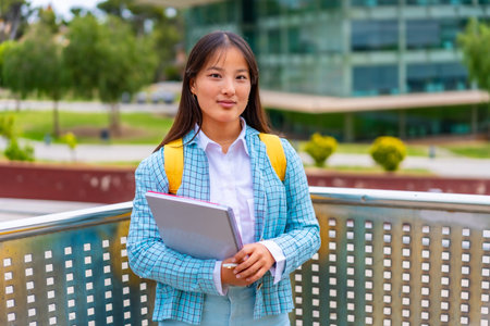 Three quarter length portrait of a beauty female asian student standing proud outside the university