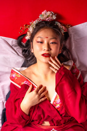 A woman in a red robe with a flower headpiece is laying on a bed. She is wearing red lipstick and has her hands on her hips. The image has a playful and whimsical moodの写真素材