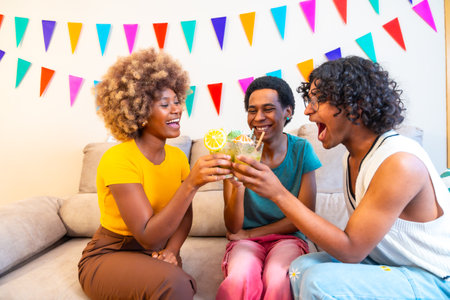 Multi-ethnic friends toasting with cocktails on the sofa while partying at homeの写真素材