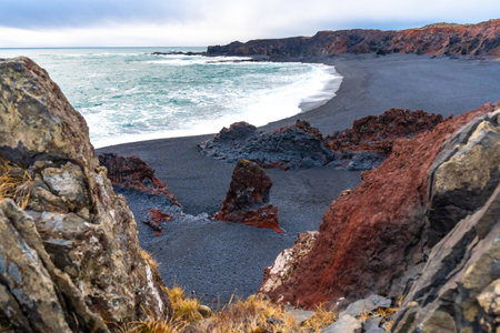 View from above of Djupalonssandur beach on the Snaefellsnes peninsula in winter in Icelandの写真素材