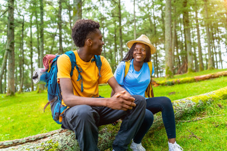 Two male and female african friends resting and chatting during a hiking in the forestの写真素材