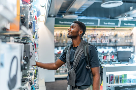 Side view photo with copy space of a young african man in a tech store looking at headphonesの写真素材
