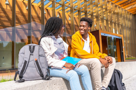 Two male and female african students talking sitting together in the university campus in a sunny dayの写真素材