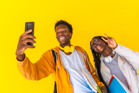 Studio portrait with yellow background of two male and female African students taking selfie and gesturing successの写真素材