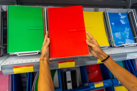 A person is holding a red spiral notebook in a store. There are many other notebooks on the shelf, including some green and yellow ones. Back to school conceptの写真素材