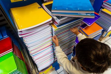 A child is reaching for a notebook on a shelf. The notebooks are stacked on top of each other, with some being yellow and others being blue.の写真素材