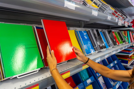 A person is holding a green spiral notebook in a store. There are many notebooks on the shelves, including some that are red and yellow.の写真素材