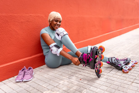Happy sportive woman putting on inline skates sitting in the street leaning on red facadeの写真素材