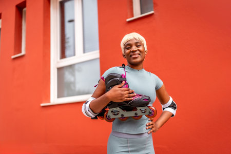 Portrait of female skater with inline skates on shoulder standing outdoors next to red buildingの写真素材