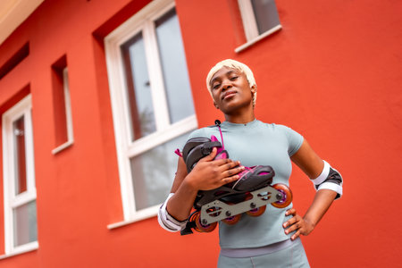 Confident and proud african woman carrying inline skates on shoulders in the city next to house with red facadeの写真素材