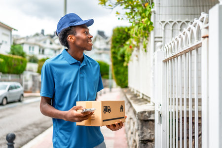 Delivery man using mobile to check the location holding a parcelの写真素材